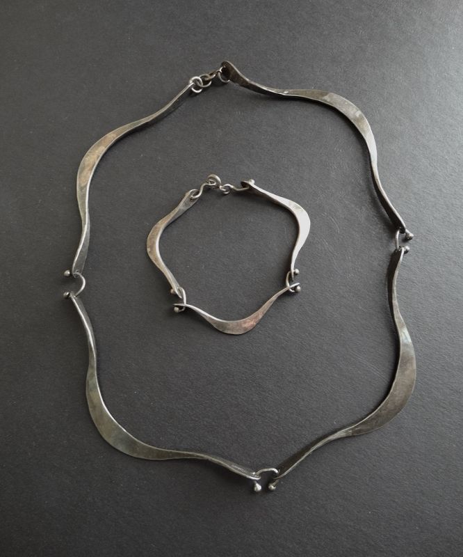 Hand Wrought Hammered Sterling Necklace &amp; Bracelet Vintage Modernist