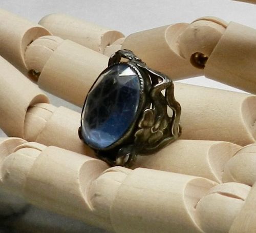 Arts & Crafts Sterling Ring Blue Faceted Stone Floral Snake Sz 4.5