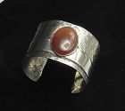 Hammered Sterling & Carnelian Modernist Unisex Cuff Bracelet Vintage