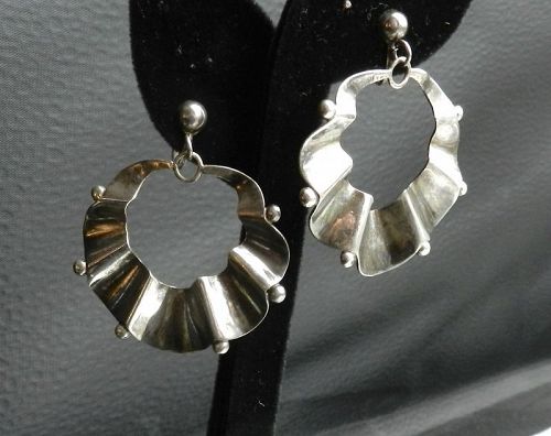 Spratling Silver Taxco Ruffled Hoop Earrings 1st Design Per. Modernist