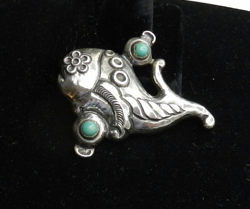 Early Taxco BARRERA Large Brooch Sterling Turquoise Fish Matl Style