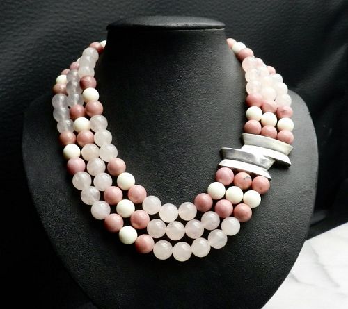 Vintage Huge Torsade Sterling Pendant & Clasp 3 Strand Beads Necklace