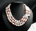 Vintage Huge Torsade Sterling Pendant & Clasp 3 Strand Beads Necklace