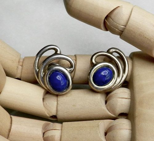 Vintage Tiffany & Co. Sterling Omega Clip Earrings Lapis Cabochons