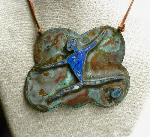 Ken Beldin Signed Large Copper Brass Stone Inlay Necklace Acrobat