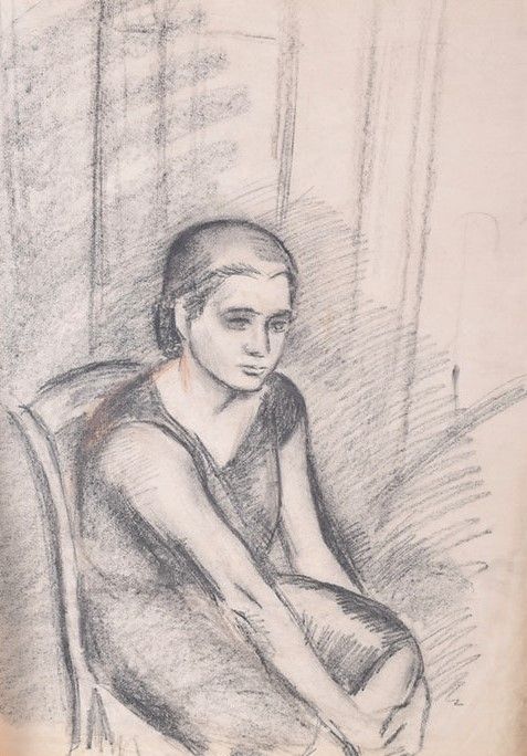 JEAN HIPPOLYTE MARCHAND &quot;SEATED WOMAN&quot; ORIGINAL CHARCOAL