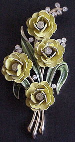 Trifari enamel rhinestone yellow roses brooch