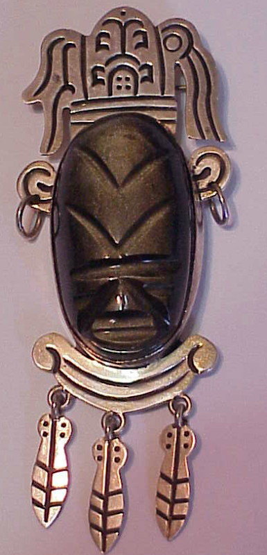 Mexican sterling onyx face pin- 1950s-  Large