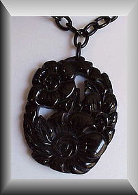 Bakelite carved floral pendant & chain - Vintage
