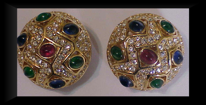 Ciner clip earrings red / blue/ green cabs + clear