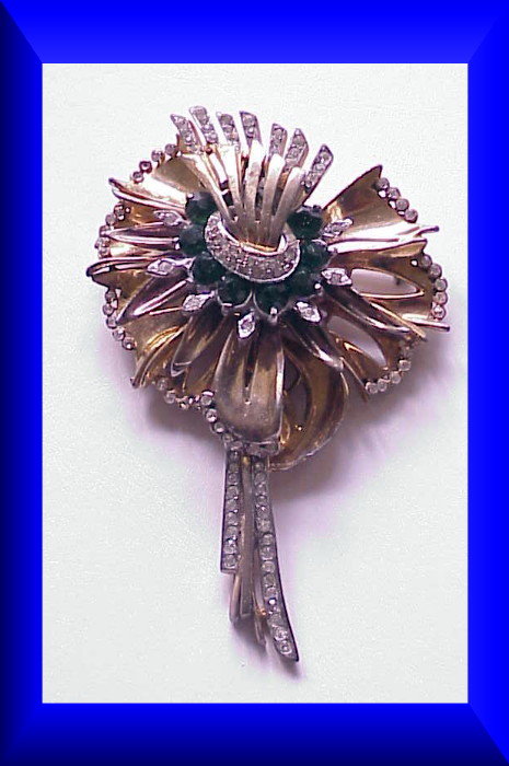 Reinad Giant gold pave &amp; emerald green lily brooch