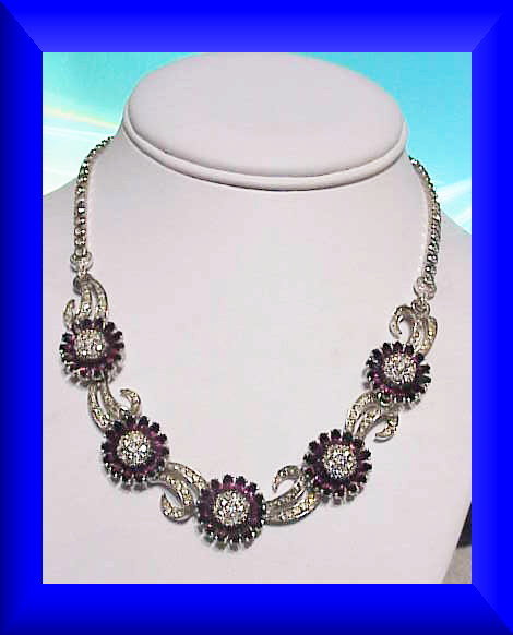 Pennino amethyst daisy-like floral  rhinestone necklace