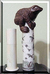 Japanese rootwood warty toad frog ox bone scroll holder