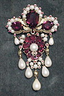 Trifari hinged red rhinestone & pearl deco style brooch