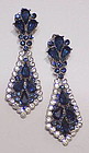 Trifari crown sapphire & clear rhinestone long earrings