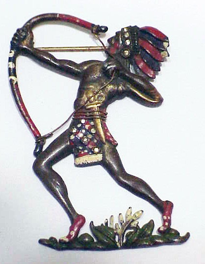 American Indian enameled bow, arrow, &amp; headdress brooch