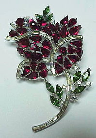 Trifari 'Alfred Philippe' ruby & emerald rose brooch