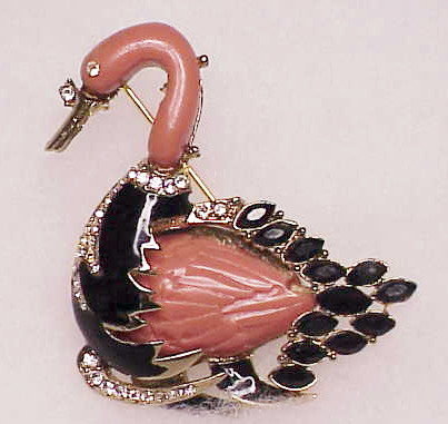 Hattie Carnegie  black & coral swan brooch