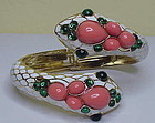 Enamel snake hinge bracelet coral green cabochons