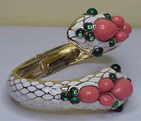 Enamel snake hinge bracelet coral green cabochons