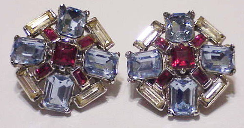 Trifari ruby red,light blue and clear earrings