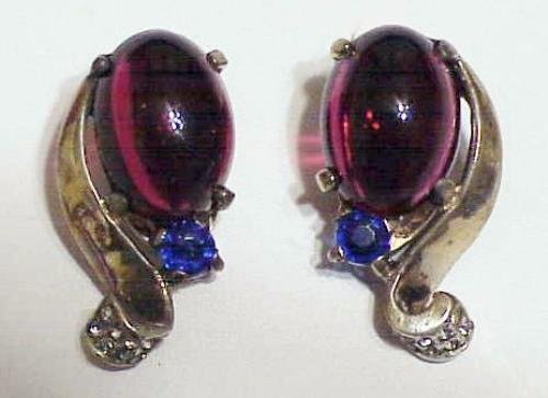 Trifari sterling  jelly belly ruby & sapphire earrings