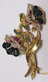 Corocraft vermeil enamel emerald double flower brooch