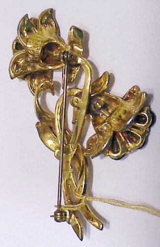 Corocraft vermeil enamel emerald double flower brooch