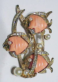 Carnegie triple coral fish playing in seaweed  brooch