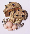 Trifari double Mushroom brooch with coral cabochons