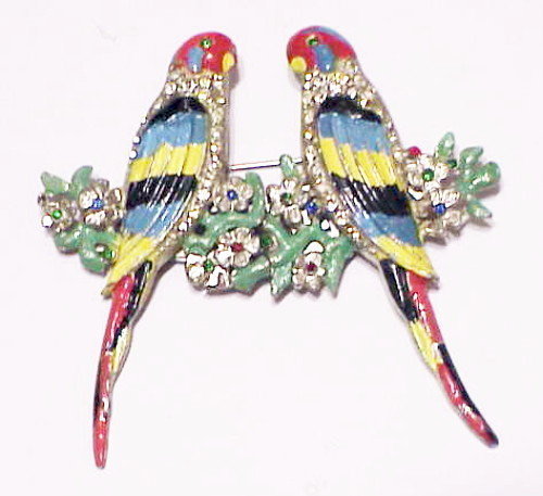 Coro enamel parakeets on floral branches duette