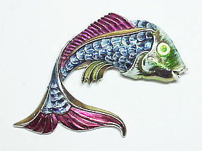 Coro metallic blue enamel fantail gold fish brooch