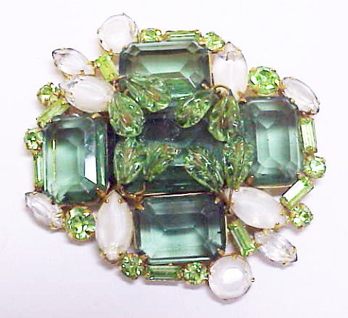 Carnegie emerald green & givre white rhinestone brooch