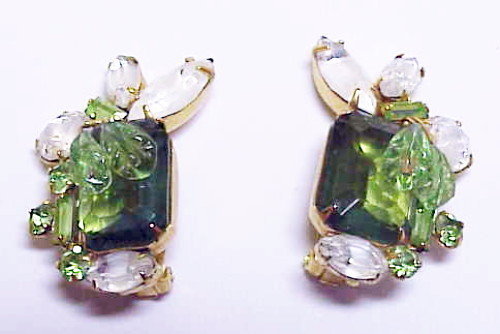 Carnegie emerald green & givre white rhinestone earring