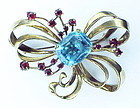 Ciner sterling prong set aqua & ruby rhinestone bow pin