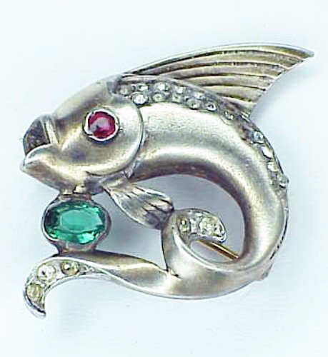 Reja sterling leaping fish with red eye brooch