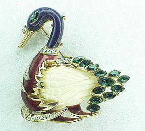 Carnegie enamel faux ivory & lapis swimming swan with emerald feathers