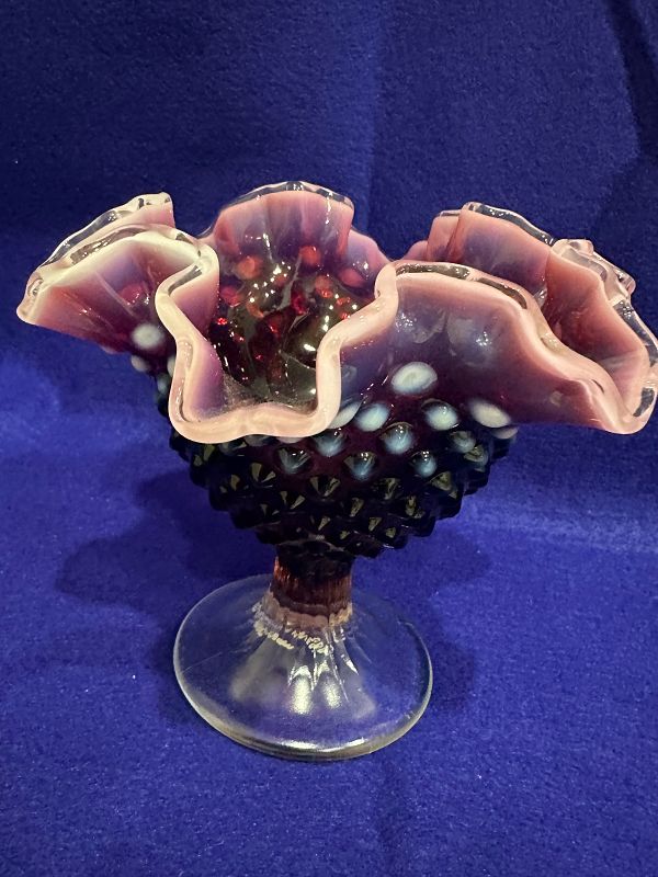 Fenton Plum Opalescent Hobnail footed compote