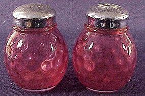 Fenton ruby overlay thumprint salt and pepper shakers