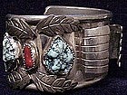 Navajo 1 1/2" watch cuff with turquoise and coral