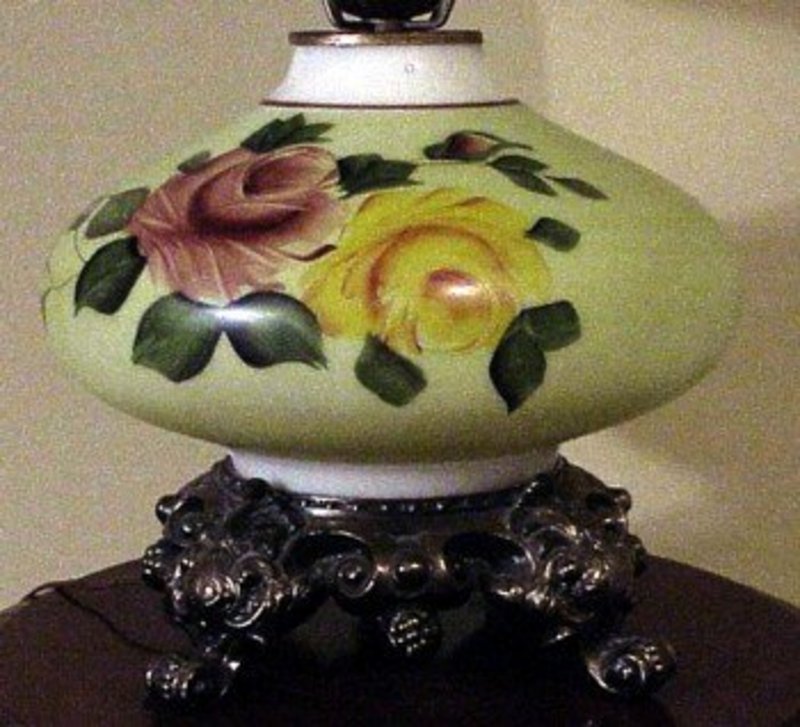 Victorian hand painted yellow and red rose table lamp