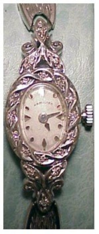 14K white gold Hamilton ladies diamond wrist watch (17J