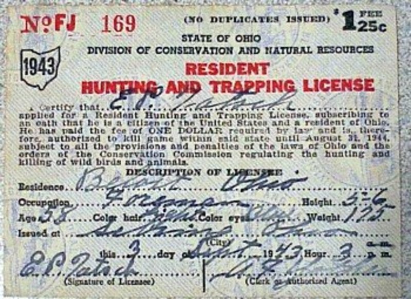 Ohio 1943 resident hunting  &amp; trapping license