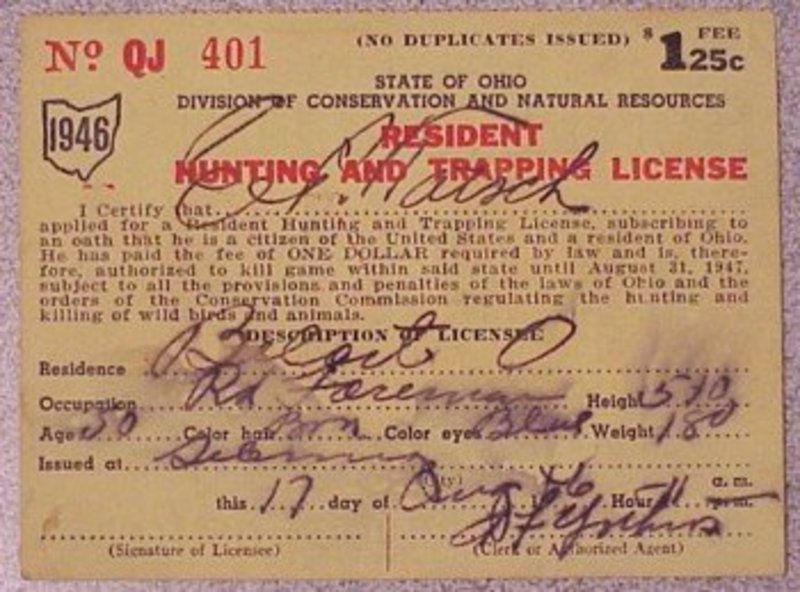 Ohio 1946 resident hunting  &amp; trapping license