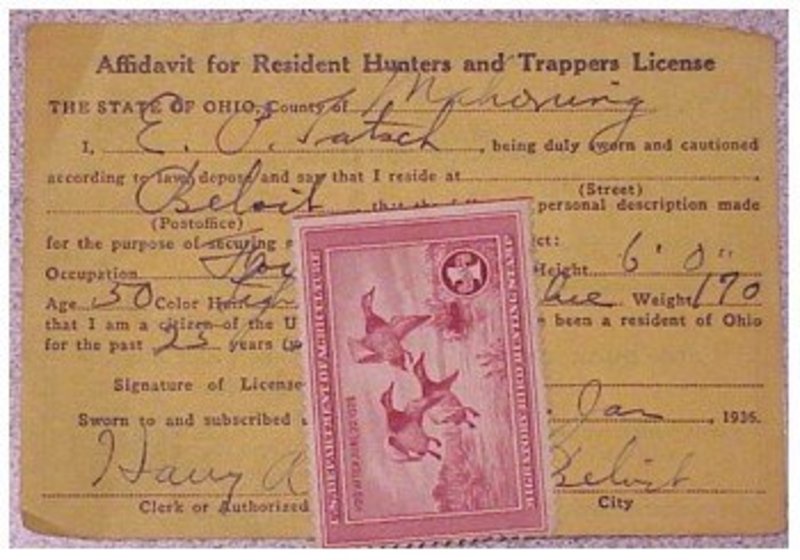 Ohio 1936 resident hunting  &amp; trapping license
