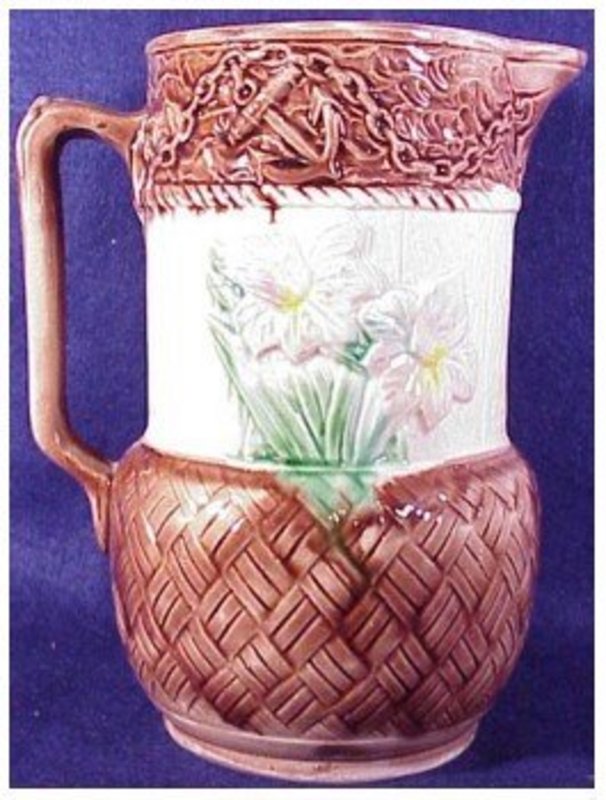Majolica floral &amp; anchor pitcher (8.25&quot;)-Victorian