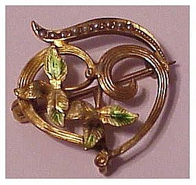 14K Art Nouveau seed pearl,enamel  pin with watch hook