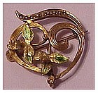 14K Art Nouveau seed pearl,enamel  pin with watch hook