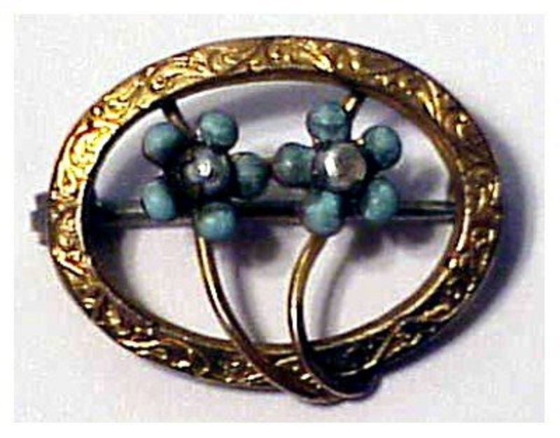 Art Nouveau Turquoise and pearl oval pin