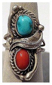Navajo Genuine Turquoise & Coral Sterling Silver Ring
